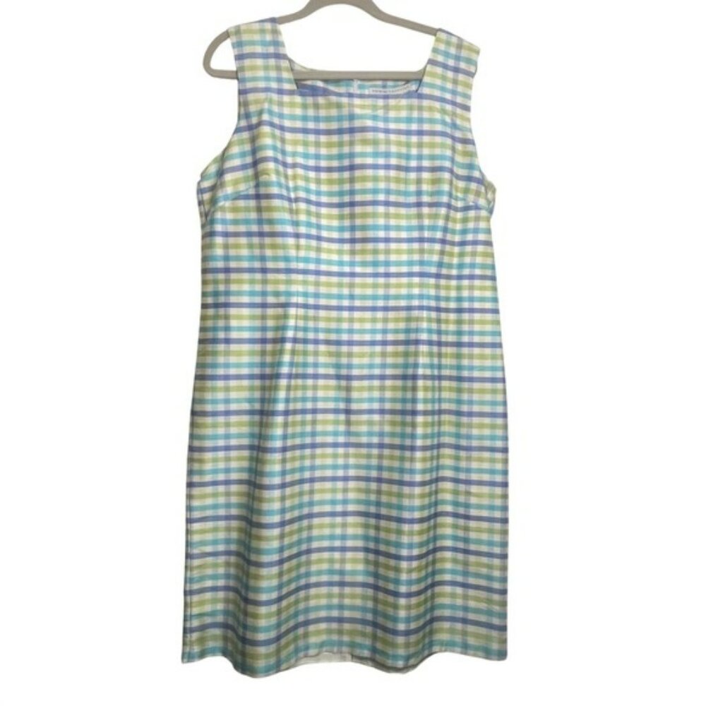 Natural Instincts Size 16 Womens Silk Plaid Sheath Dress Blue Green Square Neck